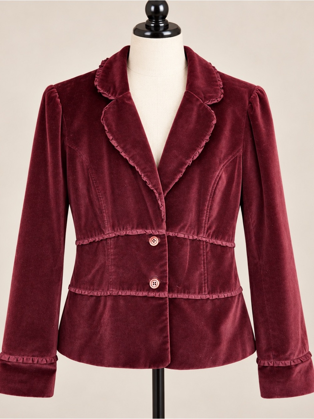 Women’s Velvet Ruffle-Trim Blazer Jacket - Burgundy